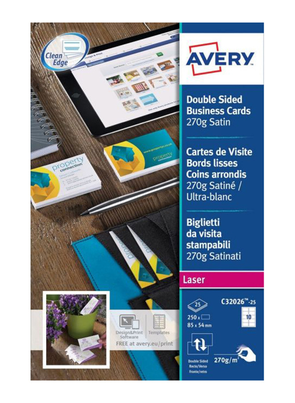 Avery C32026-10 Premium Business Cards, 270 GSM, 85 x 54mm, 10 Cards Per Sheet, 10 Sheets Per Pack, Satin White
