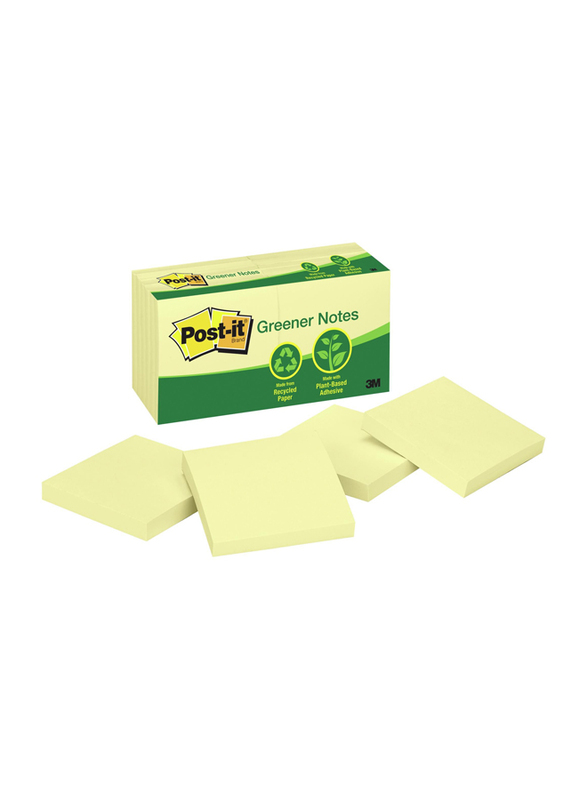 3M Post-It Greener Sticky Notes, 76 x 76mm, 12 x 100 Sheets, Canary Yellow