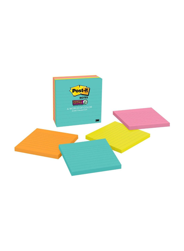 3M Post-It Miami Collection Super Sticky Notes, 101 x 101mm, 4 x 90 Sheets, Multicolor
