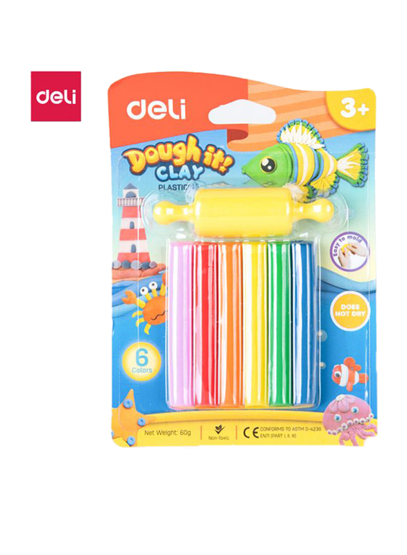 Deli D75011 Plasticine Clay, 6 Pieces, 60 grams, Multicolor