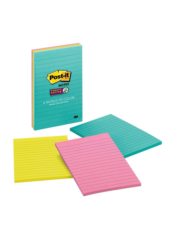 

3M Post-It Miami Collection Lined Super Sticky Notes, 101 x 152mm, 3 x 45 Sheets, Multicolor