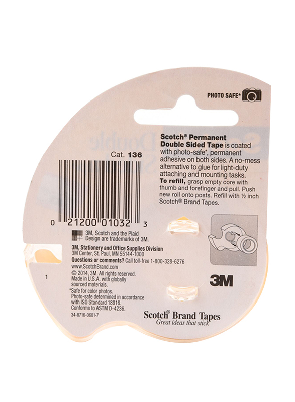 3M Scotch 136 Double Sided Tape with Dispenser, 12.7mm x 6.3 meters, Clear