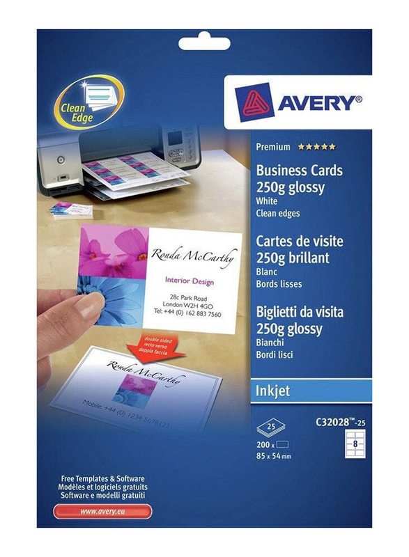 Avery C32028-25 Premium Business Cards, 260 GSM, 85 x 54mm, 8 Cards Per Sheet, 25 Sheets Per Pack, Glossy White