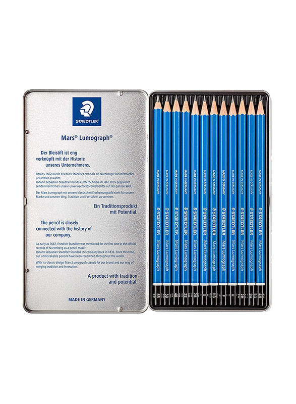 Staedtler ST-100-G12 Premium Quality Drawing Pencils Set, In Metal Tin, 12 Pieces, Multicolor