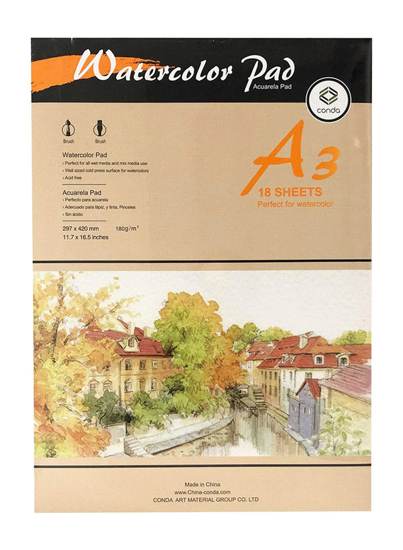 Conda Water Color Pad, 180gsm, A3 Size, 18 Sheets, White