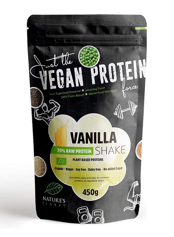 Natures Finest Organic Vegan 70% Raw Protein Shake Powder, 450g, Vanilla
