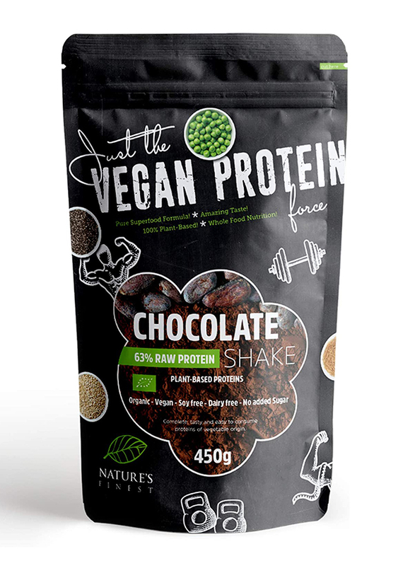 Natures Finest Organic Vegan 63% Protein Shake Powder, 450g, Chocolate
