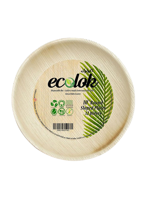 Ecolok 12-Piece 10-inch Wood Round Slope Dinner Plate, Beige