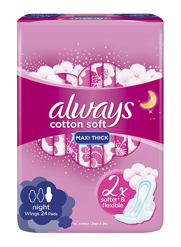 Always Cotton Soft Maxi Thick Night Sanitary Pads with Wings, 24 Pads