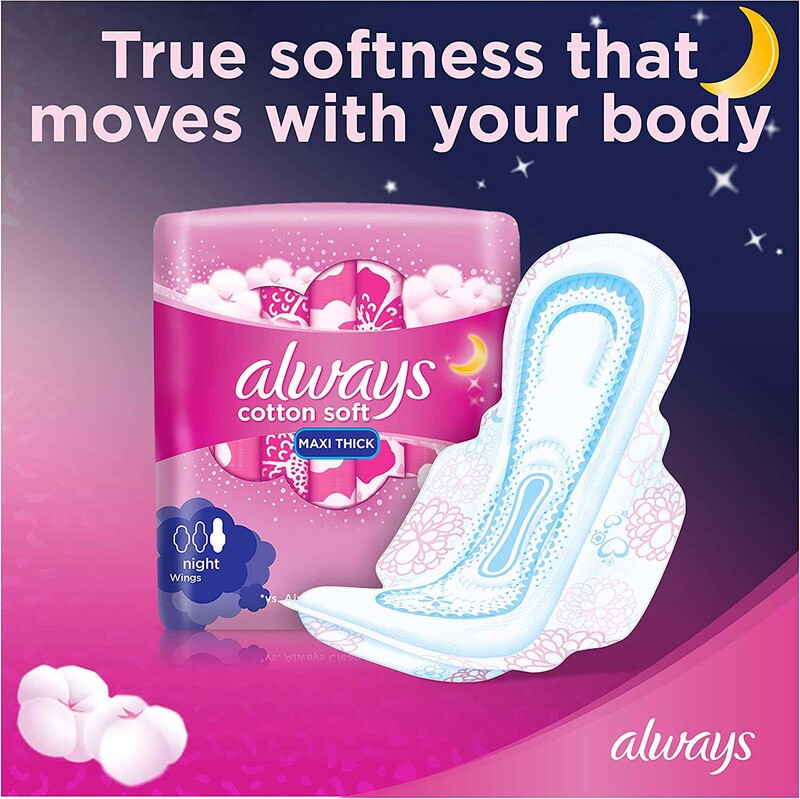 Always Cotton Soft Maxi Thick Night Sanitary Pads with Wings, 24 Pads