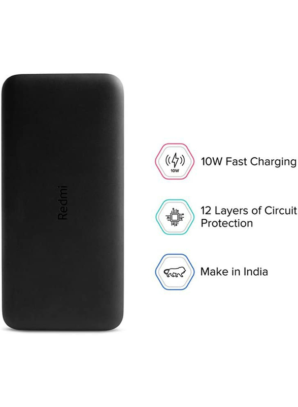 Xiaomi 10000mAh Redmi Power Bank with USB Type-C and Micro-USB Input, VXN4305GL, Black