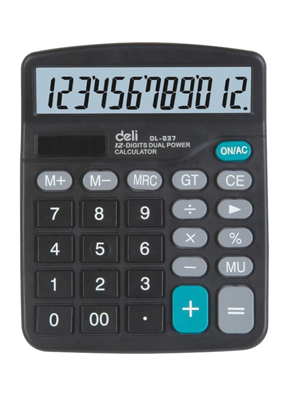 Deli 12-Digit Dual Power Calculator, Black