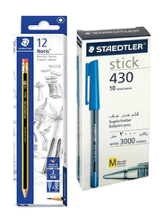 Staedtler 22-Piece Noris Pencil and Stick 430 Ballpoint Pen Set, Yellow/Black/Blue