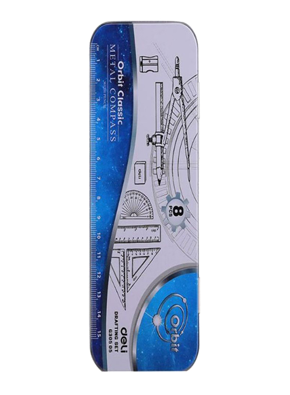 Deli 8-Piece Compass Drafting Set, Clear/Silver/Blue