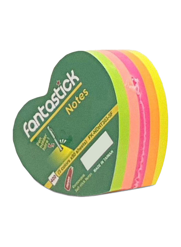 Fantastick 5 Color Heart Shape Sticky Notepad, 5 x 80 Sheets, Multicolor