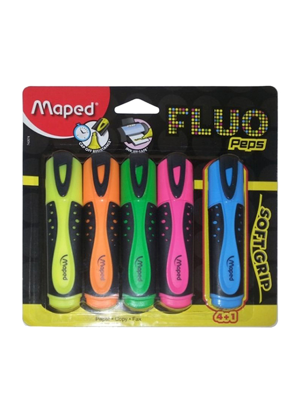 Maped 5-Piece Fluo Peps Soft Grip Highlighter Pen Set, Multicolor