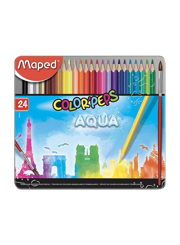 Maped 24-Piece Color Peps Metal Box Aqua Watercolor Pencil Set, Multicolor