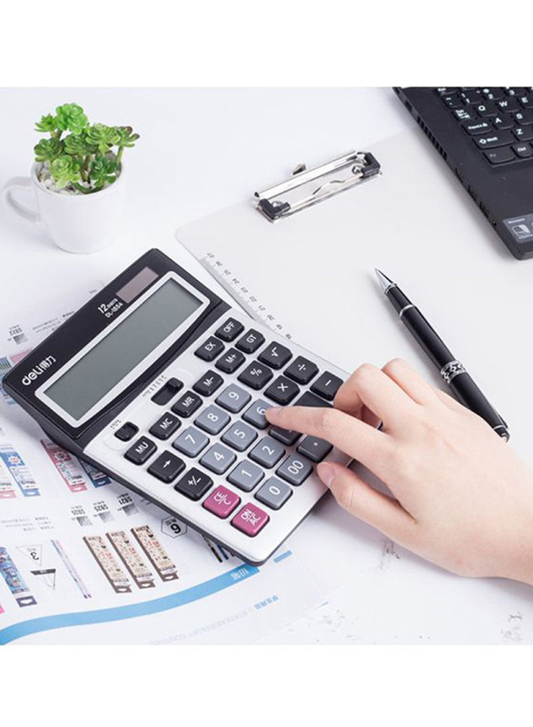 Deli 12-Digit Basic Calculator, White/Black/Grey