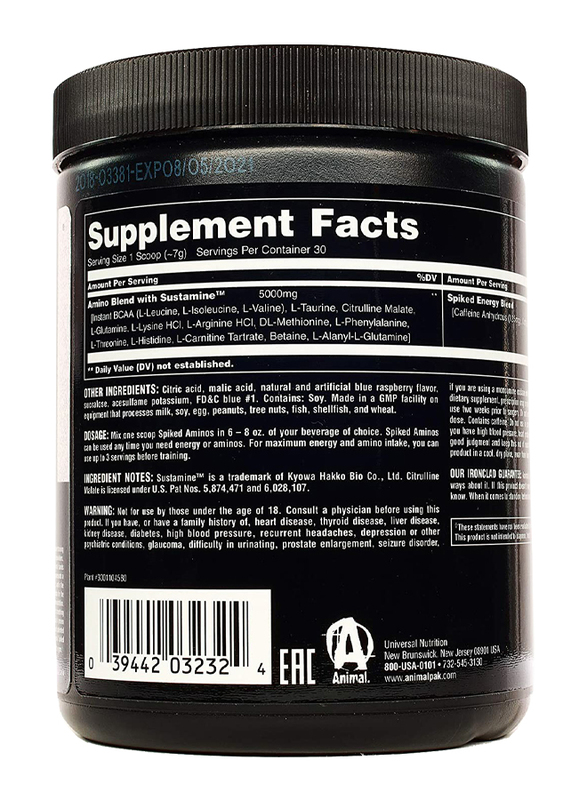 Universal Nutrition Animal Spiked Aminos Supplement, 210gm, Blue Raspberry