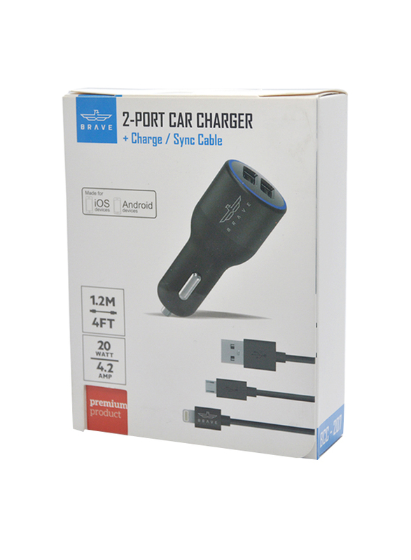 

Brave 2 Port Car Charger with Lightning and Micro USB Cable, BCC 207, Black
