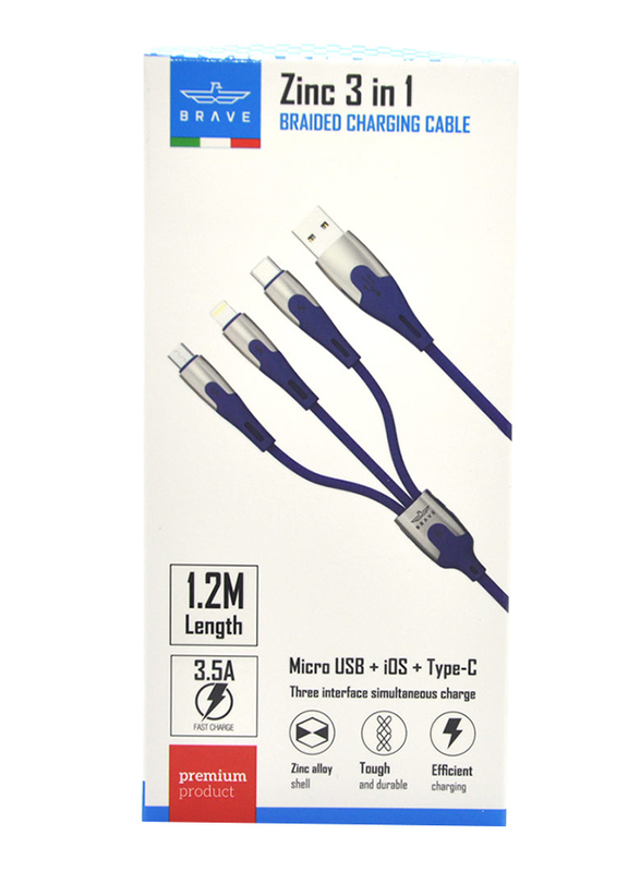 

Brave 1.2-Meter Zinc 3 In 1 Braided Charging Cable, 3.5A USB Type A Male to Micro-B USB/Lightning/USB Type-C for Smartphones/Tablets, BMC 021, Blue