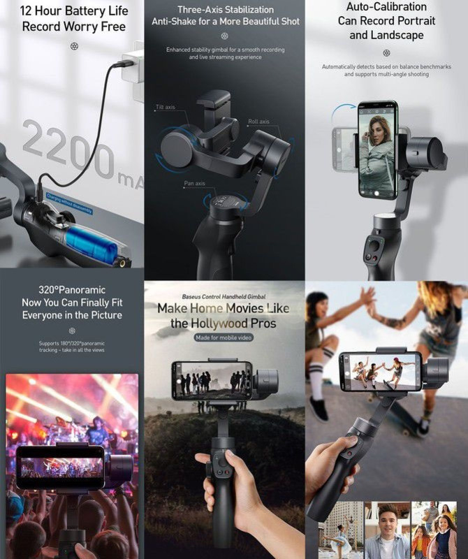 Baseus 2200mAh 3-Axis Gimbal Stabilizer for iPhone & Android Smartphones, Black