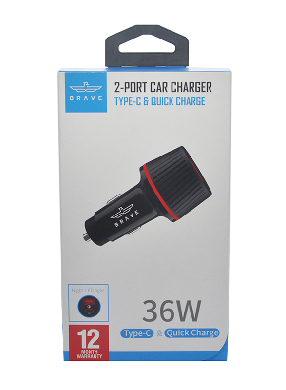

Brave Type C & Quick Charge Car Charger, 36W, BCC, Black