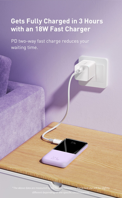 Baseus 10000mAh Wired Fast Charging Power Bank with Built-in Type C & Lightning Cable, Purple