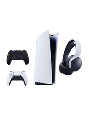 Sony PlayStation 5 Digital Edition Console UAE Version, with 1 Extra Pulse 3D Headset and 2 x Midnight Black DualSense Controller, White/Black
