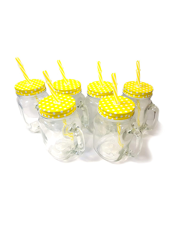 Home Pro 6-Piece Glass Storage Drinking Jar with Tin Lid and Straw, W15008, Clear/Yellow