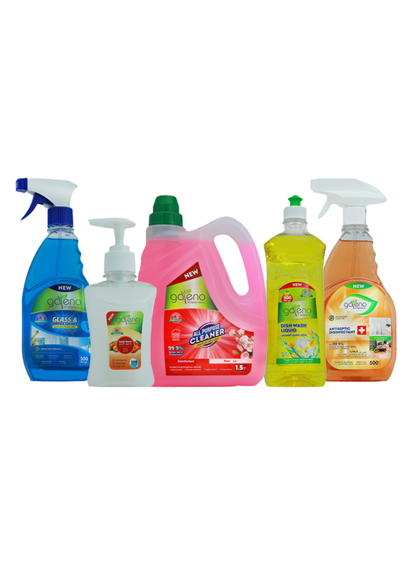 Galeno 5-in-1 Bundle Offer for Hygiene Products, Hand Wash 250ml + Dish Wash 500ml + Glass Cleaner 500ml + All-Purpose Cleaner 1.5Ltr + Antiseptic 500ml