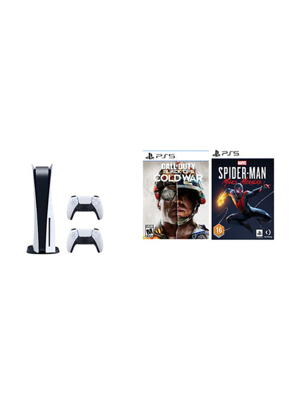 

Sony PlayStation 5 Console CD Version, 825GB, with 2 Controller and Games (Spiderman Miles and Morals + Call Of Duty Cold War), White/Black