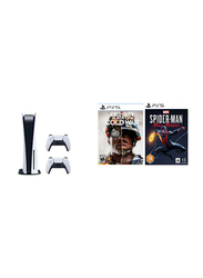 Sony PlayStation 5 Console CD Version, 825GB, with 2 Controller and Games (Spiderman Miles and Morals + Call Of Duty Cold War), White/Black