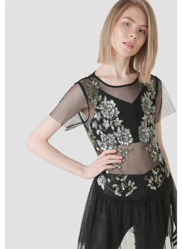 TFNC London Short Sleeve Net Embellished Top for Women, Large, Black
