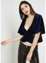 TFNC London Atina Short Sleeve Velvet Wrap Top for Women, Small, Navy Blue