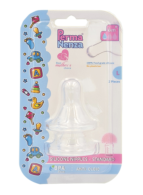 Permanenza Wide Strengthen Silicone Nipple, 2 Pieces, Large, Clear