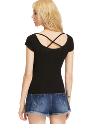 Plain Short Sleeve T-shirt with Cross Front and Back for Women, Medium, Black