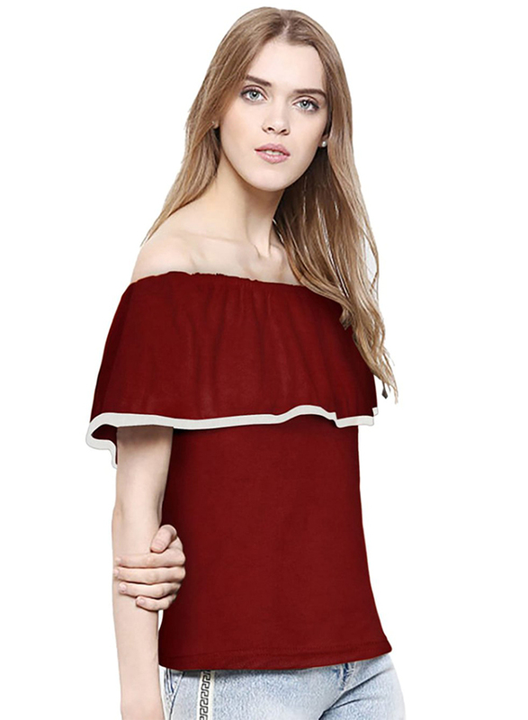 Casual Off Shoulder Solid Color Top for Women, Medium, Maroon