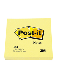 3M Post It 654 Sticky Notes, 76 x 76mm, 100 Sheets. Yellow