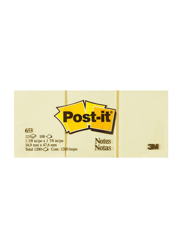 3M Post It 653 Sticky Notes, 34.9 x 47.6mm, 1 1/2 x 2, 100 Sheets, Yellow