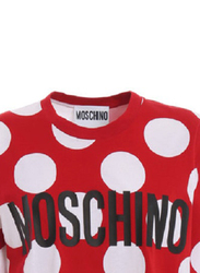 Moschino Logo Polka Dot Print Crew Neck Short Sleeve T Shirt for Women, Extra Small, Red/White