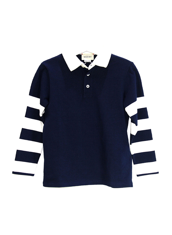 Gucci Bee Embroidered Collared Long Sleeves Polo Shirt for Boys, 8 Size, Navy Blue