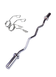 1441 Fitness Standard Olympic Super Curl Barbell Bar with Two Spring Collar, 48 inch, Silver