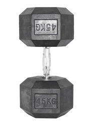 1441 Fitness Solid Cast Iron Core Rubber Coated Hex Dumbbell, 45KG, Black/Silver