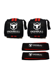 IronBull Strength Neoprene Wrist Wraps & Lifting Straps Combo Set, 4 Pieces, Black/Red