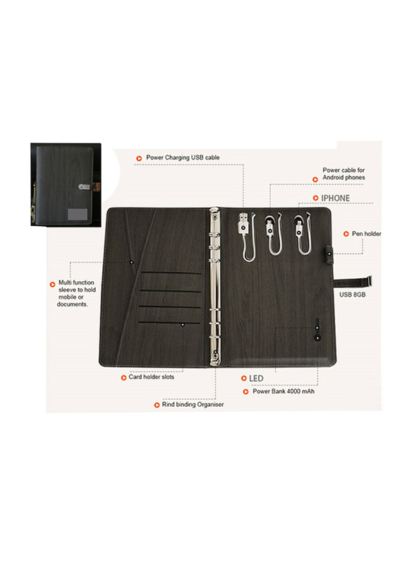 Silver Sword PU Leather Notebook, with USB & Powerbank, Silver Metal Plate, Brown
