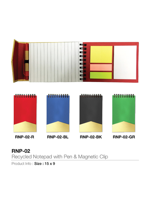 Silver Sword Eco friendly Recycled Notepad with Pen, Sticky Note and Magnetic Clip, Green