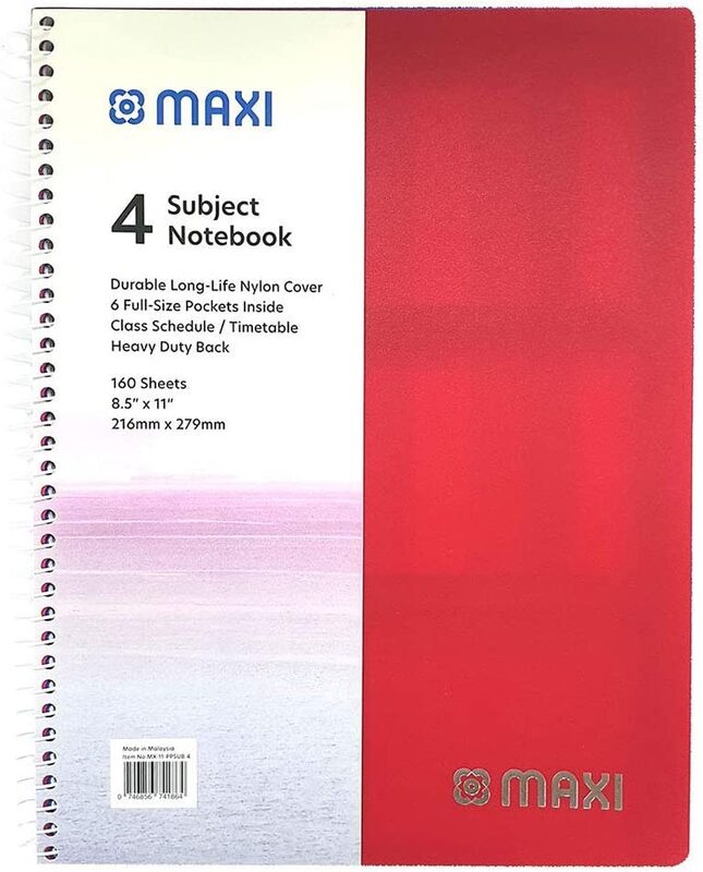 

Maxi PP Spiral 4 Subject Notebook, 160 Sheets, 21.59 x 27.94cm, Red