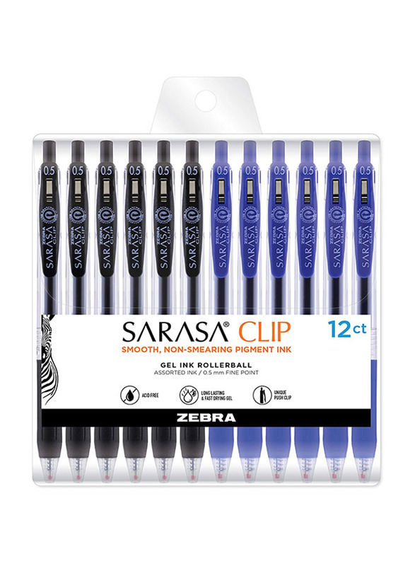 

Zebra Pen 12-Piece Sarasa Clip Retractable Gel Pen Set, 0.5mm, 44200, Black/Blue