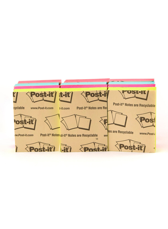 3M Post-it 653AN Neon Color Sticky Notes, 34.9 x 47.6mm, 12 x 100 Sheets, Multicolour